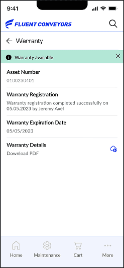 Warranty app screen with green warranty available alert