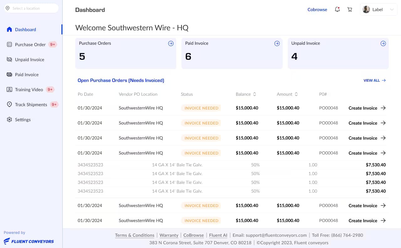 Fluent Conveyors software dashboard showing purchase orders, invoices, and operational summaries