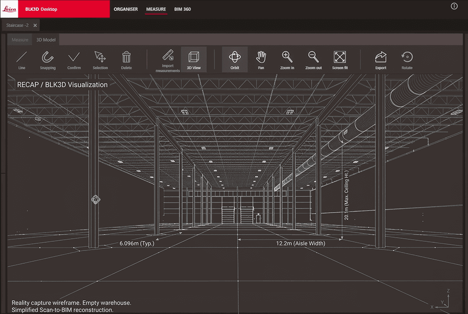 Reality capture wireframe of an empty warehouse